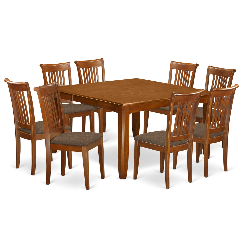 East West Furniture PFPO9-SBR-C 9 Piece Dining Table Set Includes a Square Dining Room Table with Butterfly Leaf and 8 Linen Fabric Upholstered Chairs, 54x54 Inch, Saddle Brown