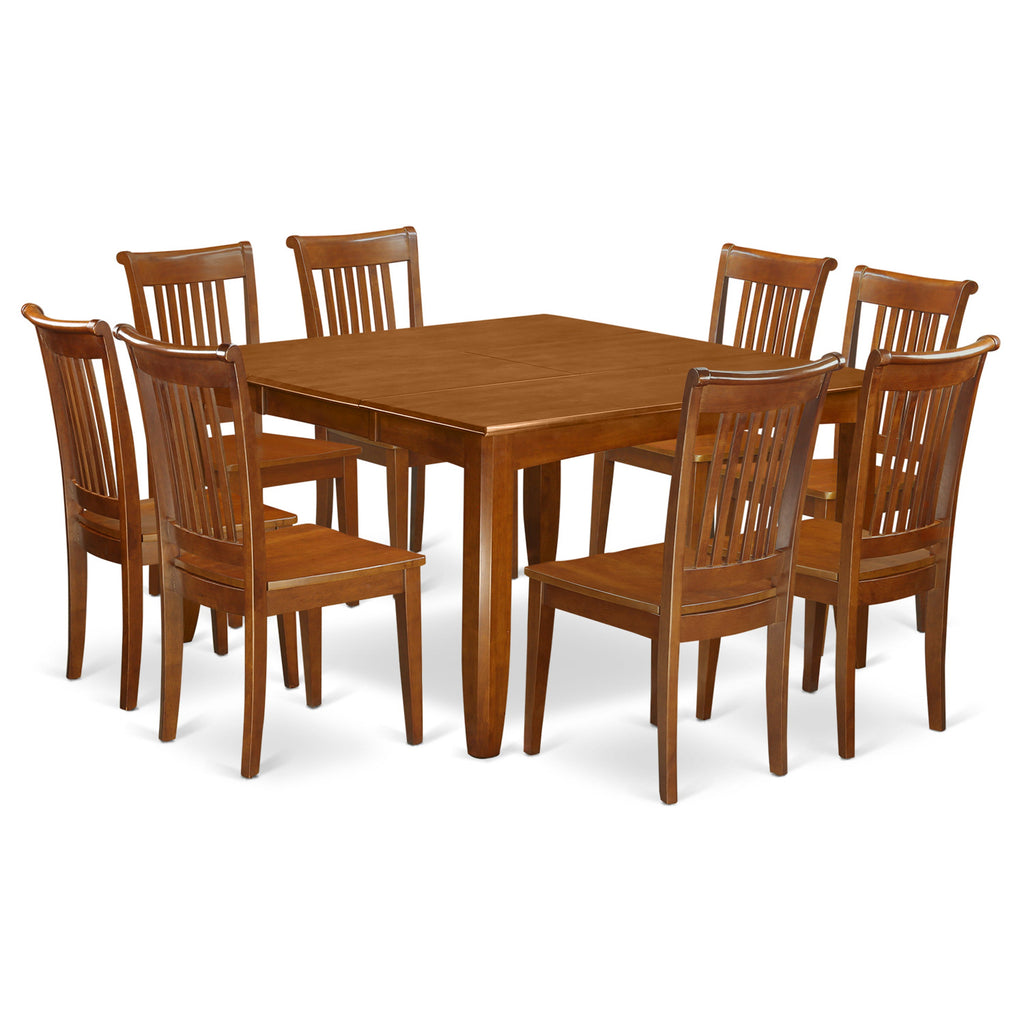 East West Furniture PFPO9-SBR-W 9 Piece Dining Room Table Set Includes a Square Kitchen Table with Butterfly Leaf and 8 Dining Chairs, 54x54 Inch, Saddle Brown