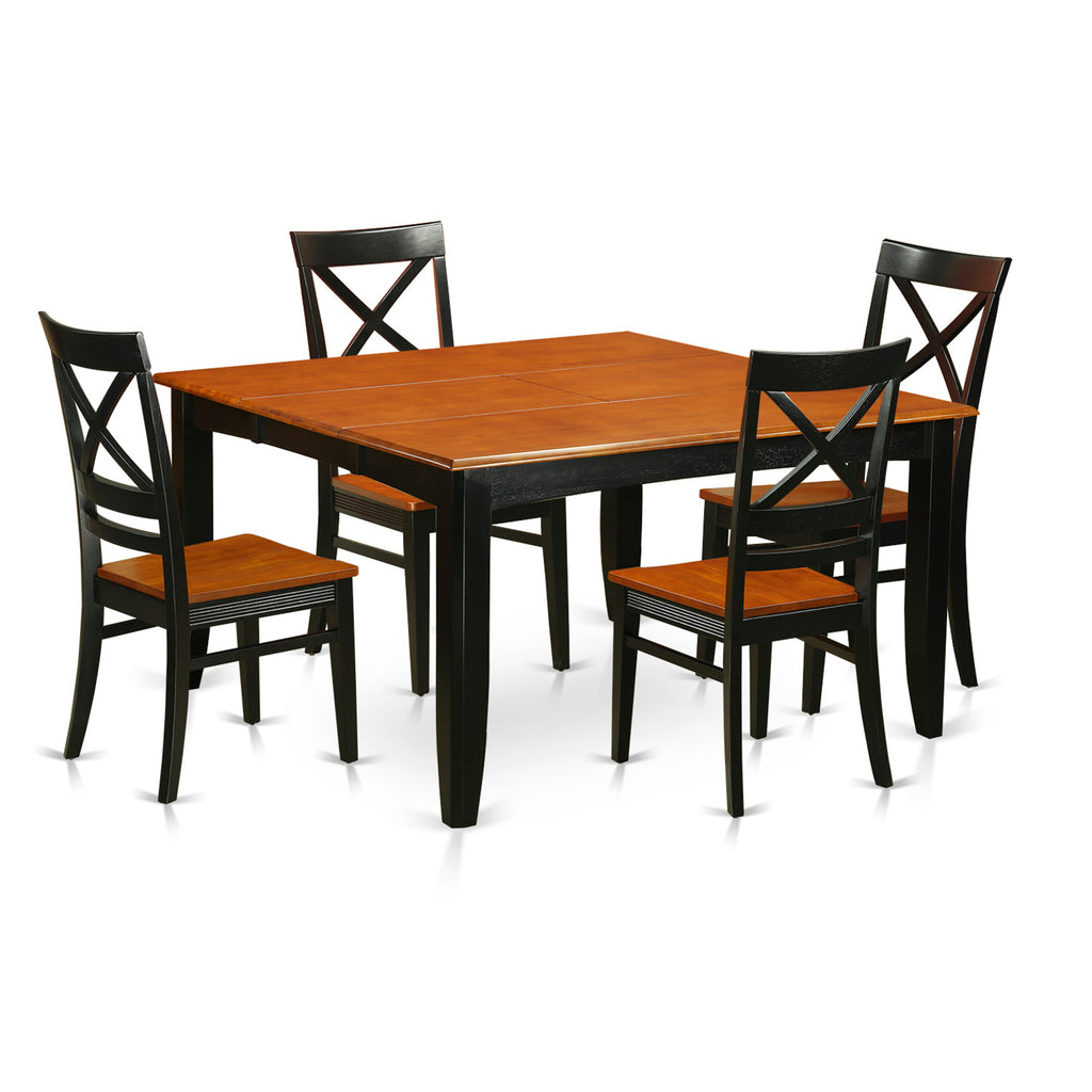 East West Furniture PFQU5-BCH-W 5 Piece Dinette Set for 4 Includes a Square Dining Room Table with Butterfly Leaf and 4 Kitchen Dining Chairs, 54x54 Inch, Black & Cherry