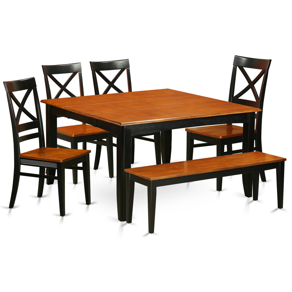 East West Furniture PFQU6-BCH-W 6 Piece Dining Room Table Set Contains a Square Kitchen Table with Butterfly Leaf and 4 Dining Chairs with a Bench, 54x54 Inch, Black & Cherry