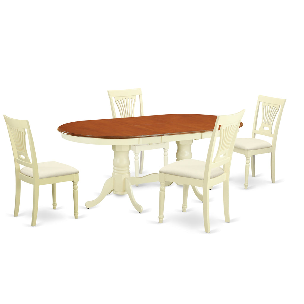 East West Furniture PLAI5-WHI-C 5 Piece Kitchen Table & Chairs Set Includes an Oval Dining Room Table with Butterfly Leaf and 4 Linen Fabric Upholstered Chairs, 42x78 Inch, Buttermilk & Cherry