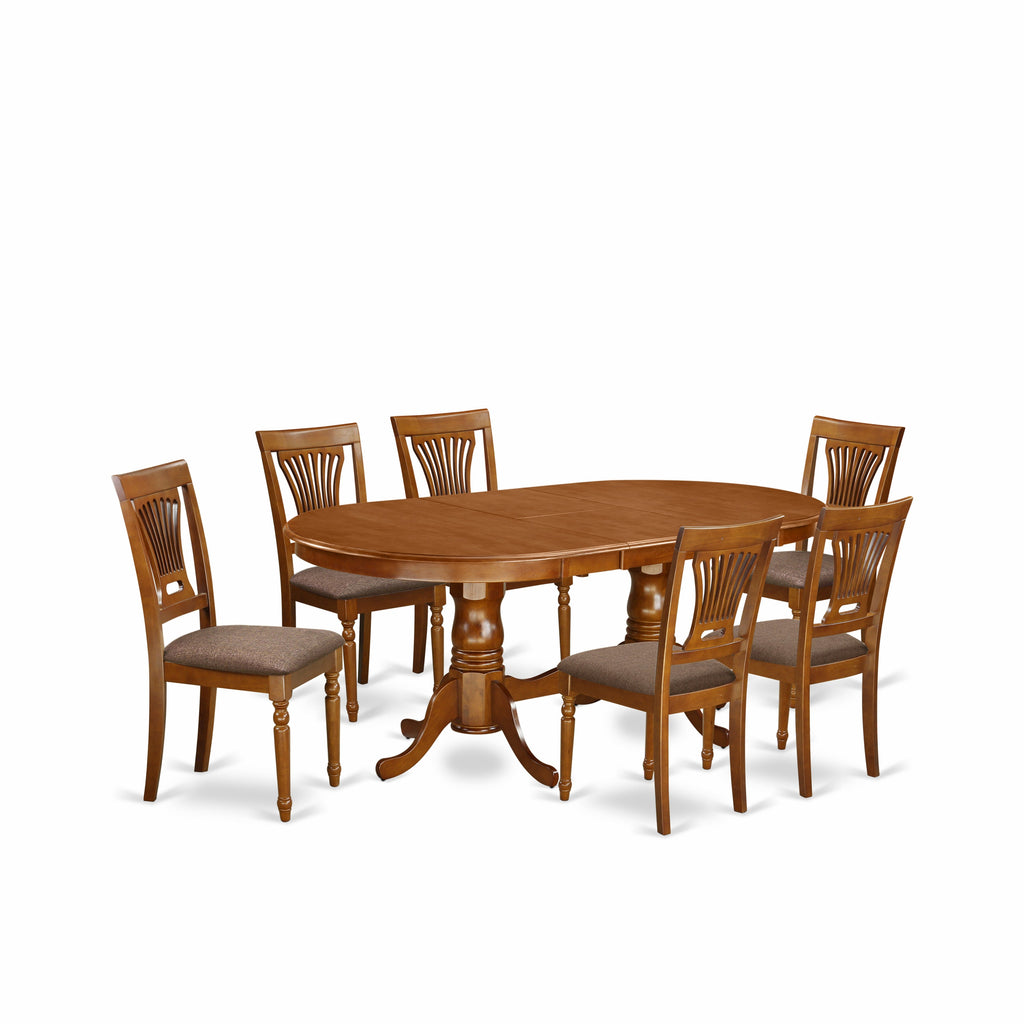 East West Furniture PLAI7-SBR-C 7 Piece Kitchen Table Set Consist of an Oval Dining Table with Butterfly Leaf and 6 Linen Fabric Dining Room Chairs, 42x78 Inch, Saddle Brown