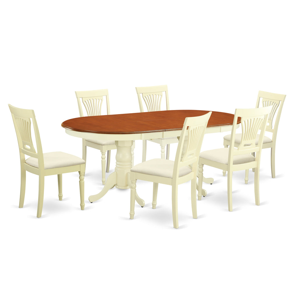East West Furniture PLAI7-WHI-C 7 Piece Dinette Set Consist of an Oval Dining Room Table with Butterfly Leaf and 6 Linen Fabric Upholstered Dining Chairs, 42x78 Inch, Buttermilk & Cherry