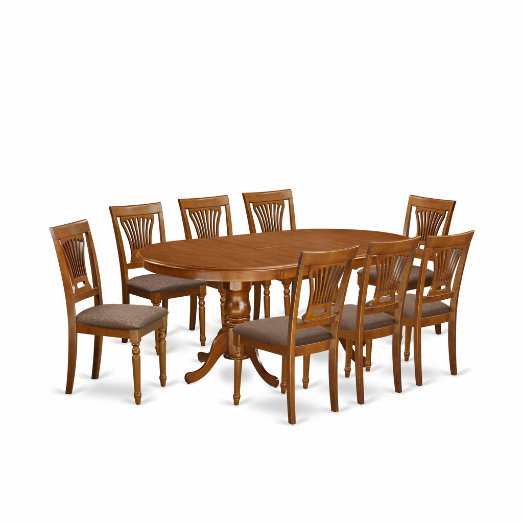 East West Furniture PLAI9-SBR-C 9 Piece Dining Set Includes an Oval Dining Room Table with Butterfly Leaf and 8 Linen Fabric Upholstered Chairs, 42x78 Inch, Saddle Brown