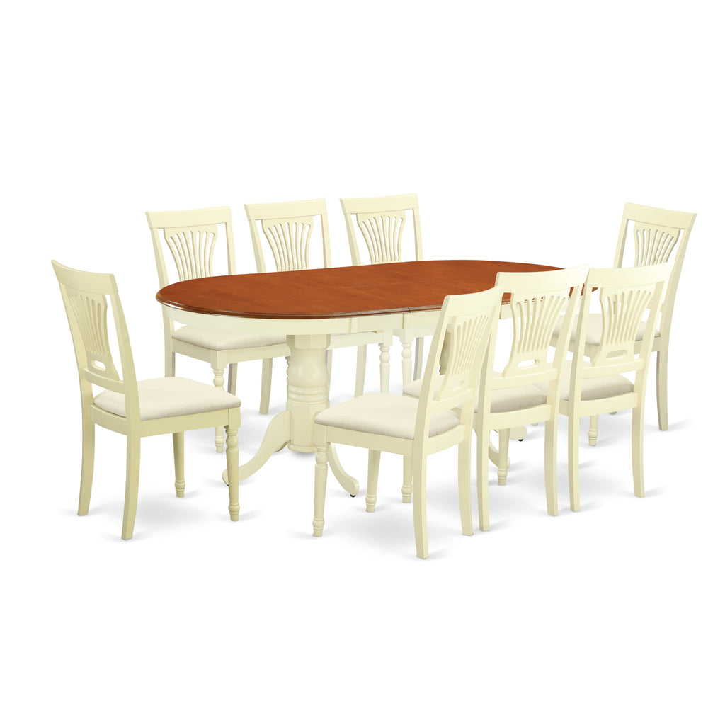 East West Furniture PLAI9-WHI-C 9 Piece Kitchen Table Set Includes an Oval Dining Table with Butterfly Leaf and 8 Linen Fabric Dining Room Chairs, 42x78 Inch, Buttermilk & Cherry