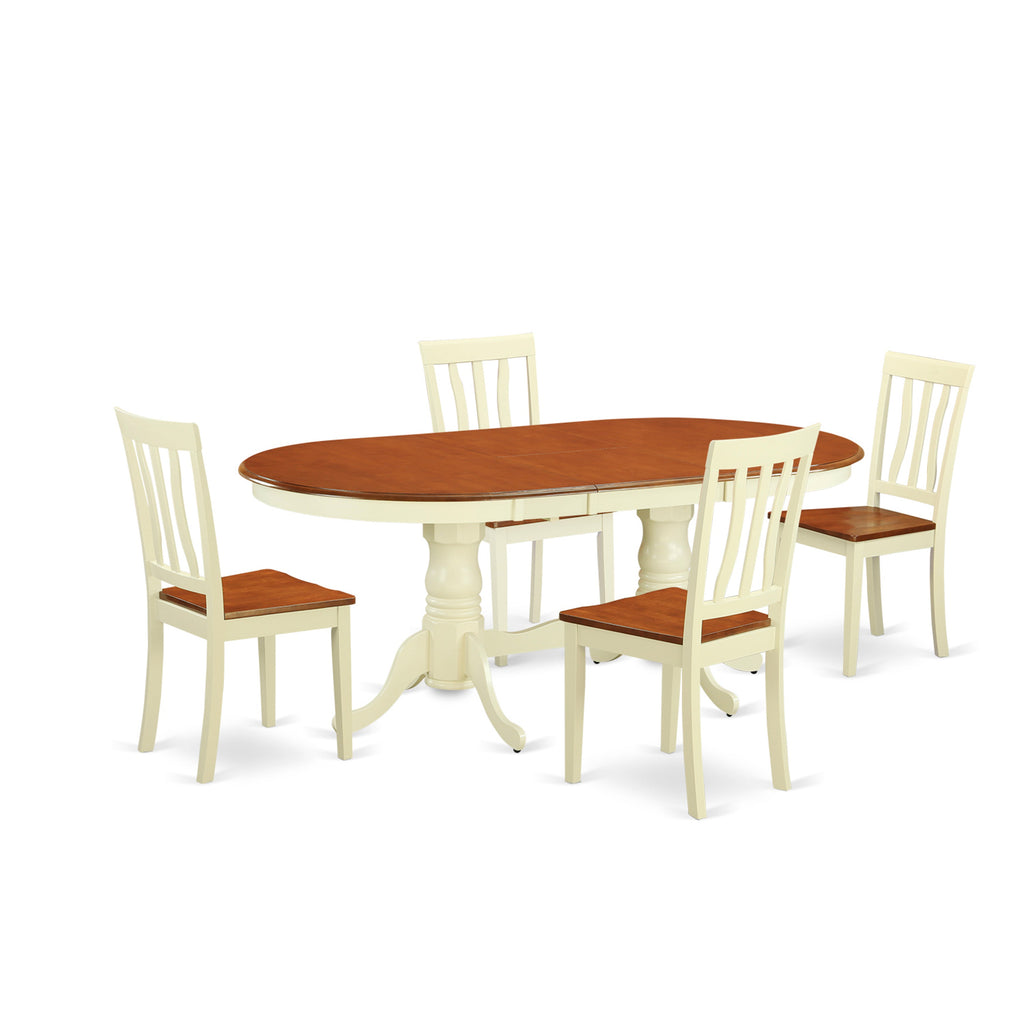 East West Furniture PLAN5-WHI-W 5 Piece Dining Set Includes an Oval Dining Table with Butterfly Leaf and 4 Kitchen Chairs, 42x78 Inch, Buttermilk & Cherry