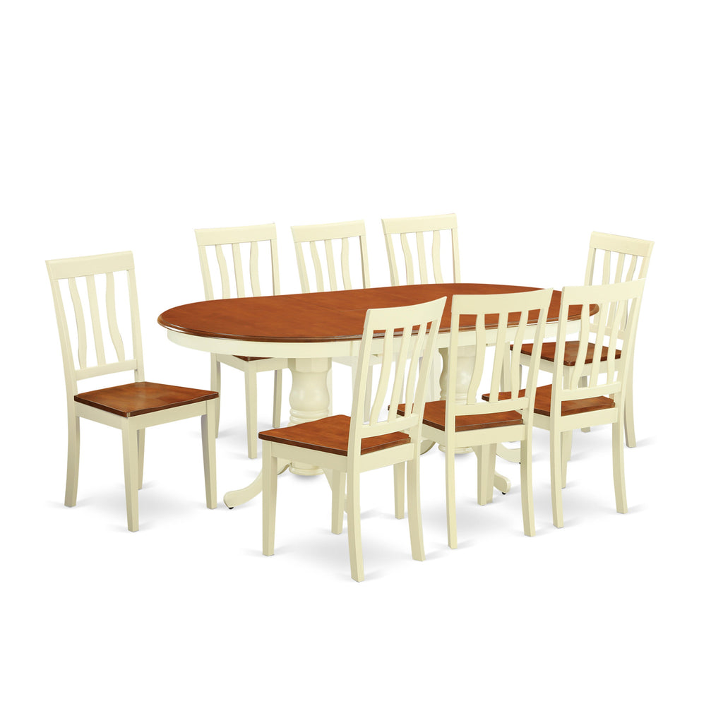 East West Furniture PLAN9-WHI-W 9 Piece Dining Set Includes an Oval Dining Table with Butterfly Leaf and 8 Kitchen Chairs, 42x78 Inch, Buttermilk & Cherry