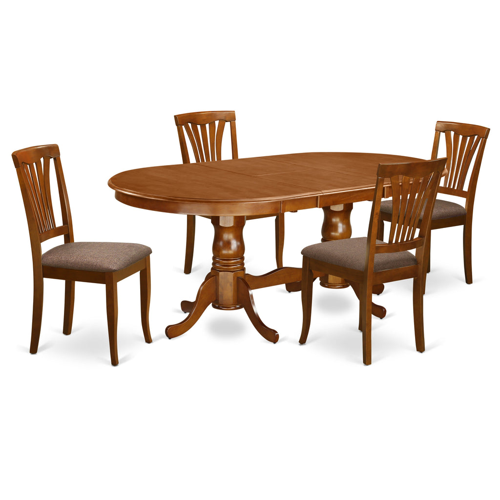East West Furniture PLAV5-SBR-C 5 Piece Dining Room Table Set Includes an Oval Wooden Table with Butterfly Leaf and 4 Linen Fabric Kitchen Dining Chairs, 42x78 Inch, Saddle Brown