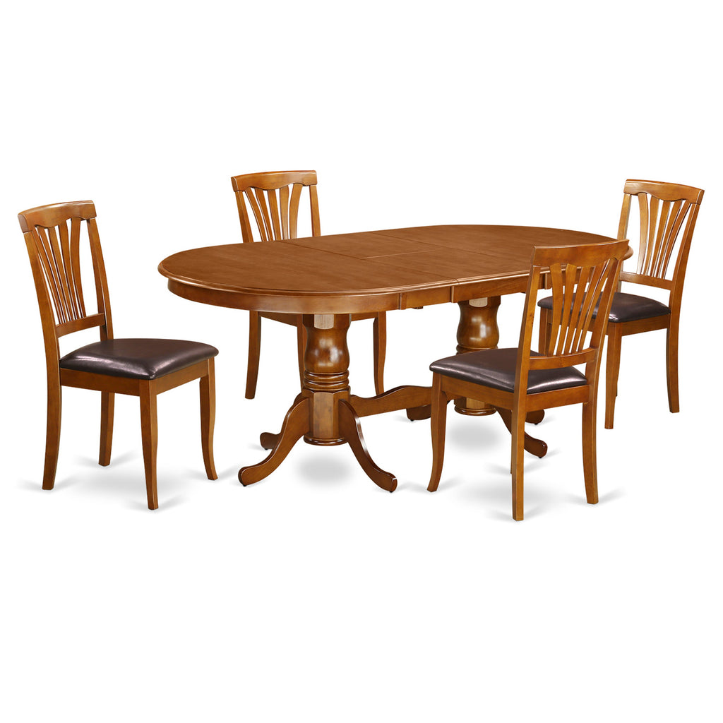 East West Furniture PLAV5-SBR-LC 5 Piece Dining Room Table Set Includes an Oval Wooden Table with Butterfly Leaf and 4 Faux Leather Kitchen Dining Chairs, 42x78 Inch, Saddle Brown