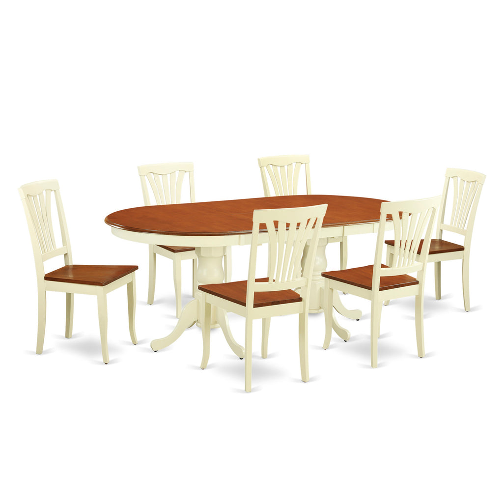 East West Furniture PLAV7-WHI-W 7 Piece Dining Set Consist of an Oval Dining Room Table with Butterfly Leaf and 6 Wood Seat Chairs, 42x78 Inch, Buttermilk & Cherry