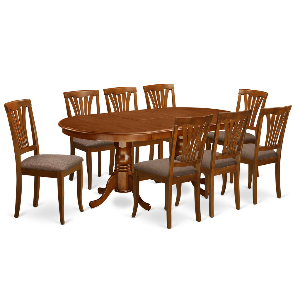 East West Furniture PLAV9-SBR-C 9 Piece Dining Table Set Includes an Oval Dining Room Table with Butterfly Leaf and 8 Linen Fabric Upholstered Chairs, 42x78 Inch, Saddle Brown