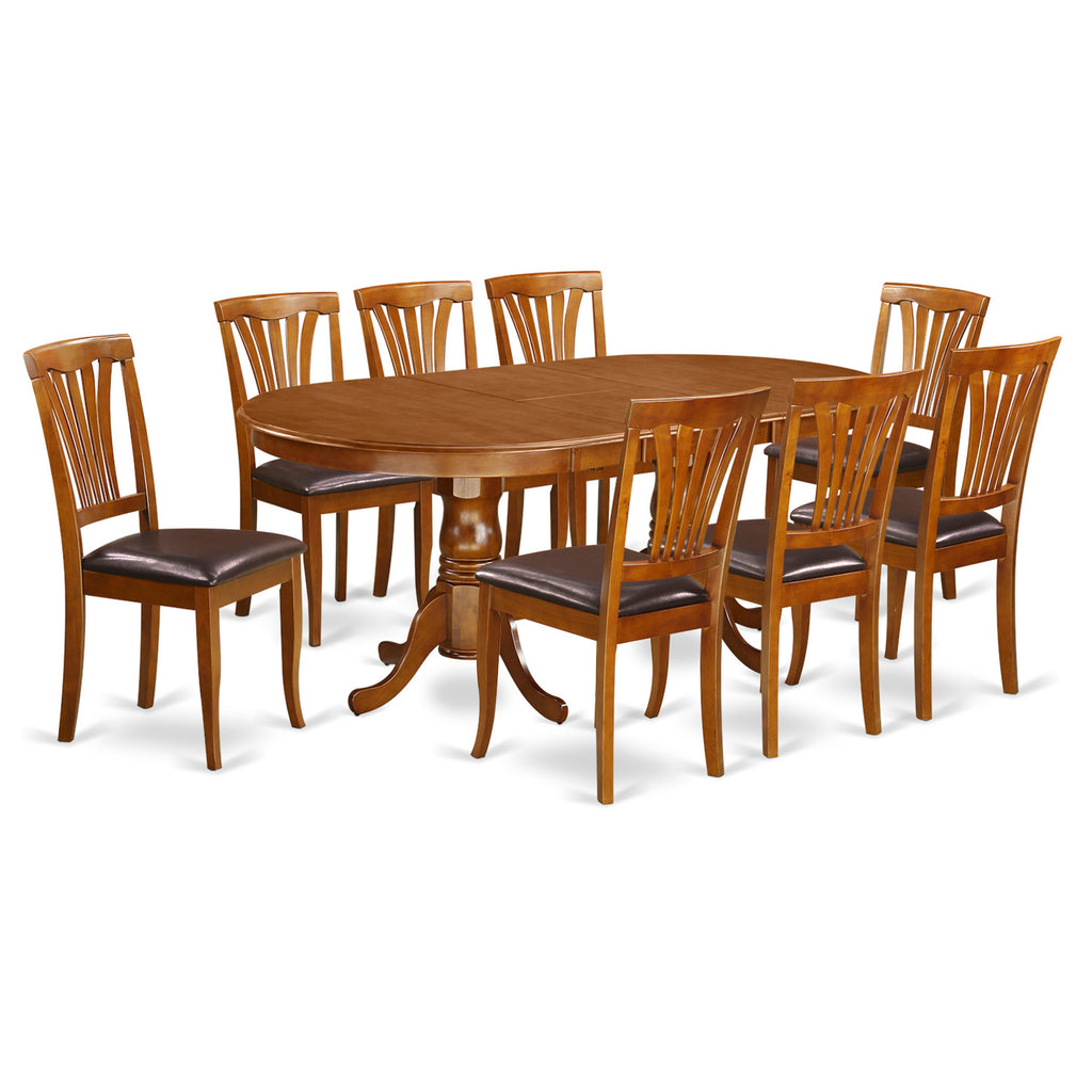 East West Furniture PLAV9-SBR-LC 9 Piece Dining Room Table Set Includes an Oval Kitchen Table with Butterfly Leaf and 8 Faux Leather Upholstered Dining Chairs, 42x78 Inch, Saddle Brown