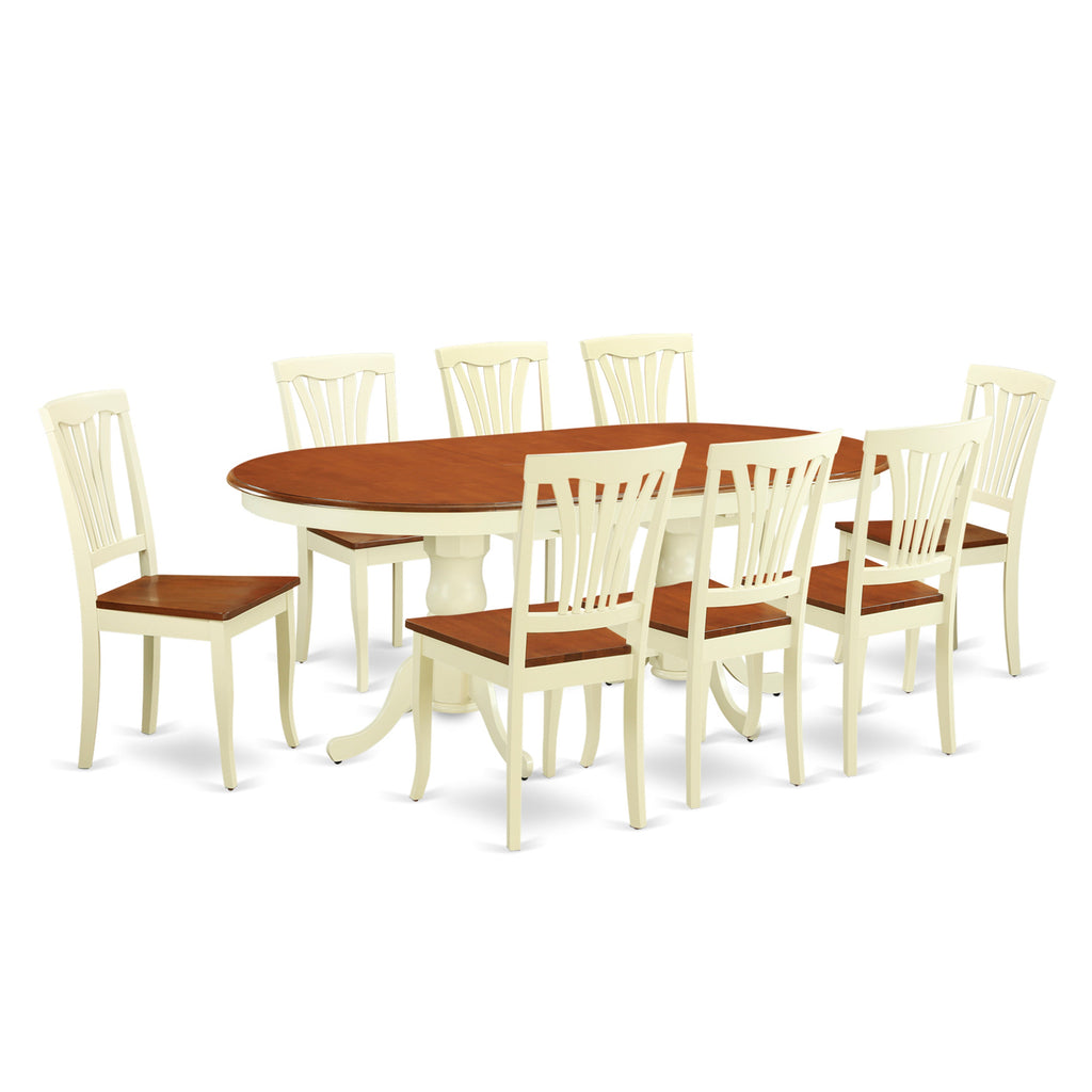 East West Furniture PLAV9-WHI-W 9 Piece Dining Set Includes an Oval Dining Room Table with Butterfly Leaf and 8 Wood Seat Chairs, 42x78 Inch, Buttermilk & Cherry