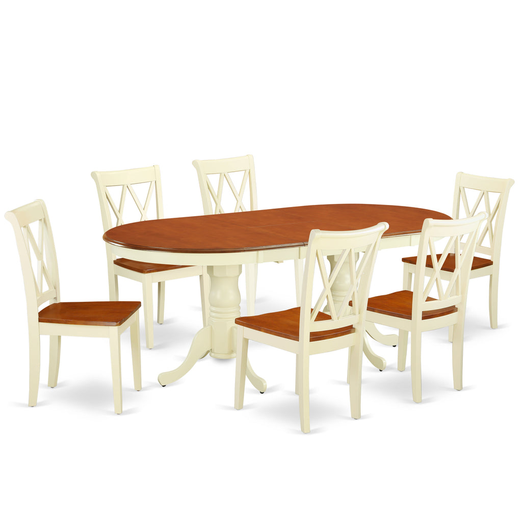 PLCL7-BMK-W 7Pc Dining Room Set - 42x78" Oval Table and 6 Kitchen Chairs - Buttermilk & Cherry Color