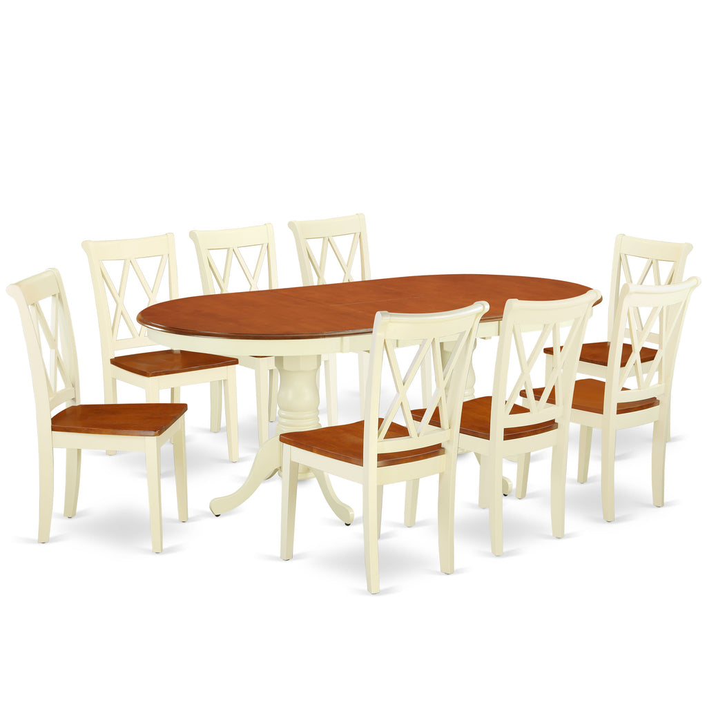 PLCL9-BMK-W 9Pc Dining Set - 42x78" Oval Table and 8 Kitchen Chairs - Buttermilk & Cherry Color