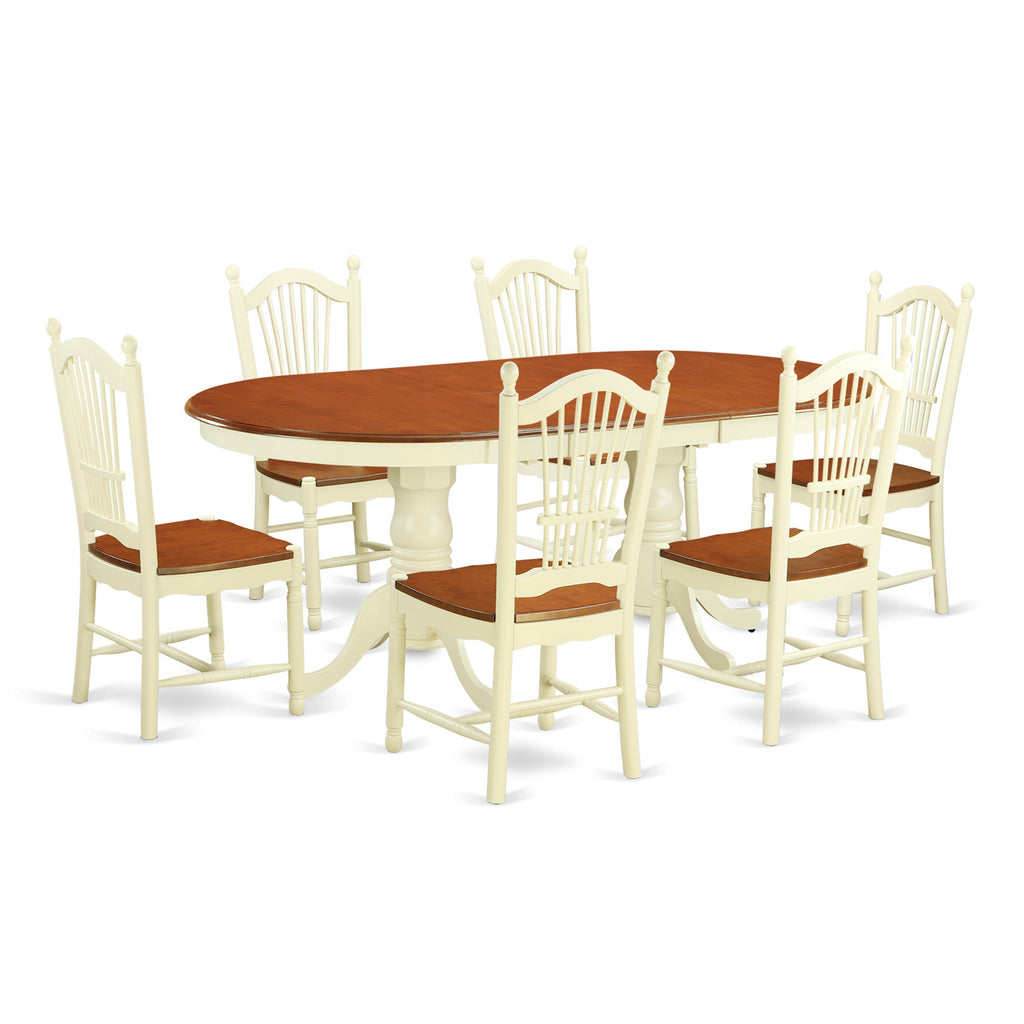 East West Furniture PLDO7-WHI-W 7 Piece Modern Dining Table Set Consist of an Oval Wooden Table with Butterfly Leaf and 6 Kitchen Dining Chairs, 42x78 Inch, Buttermilk & Cherry