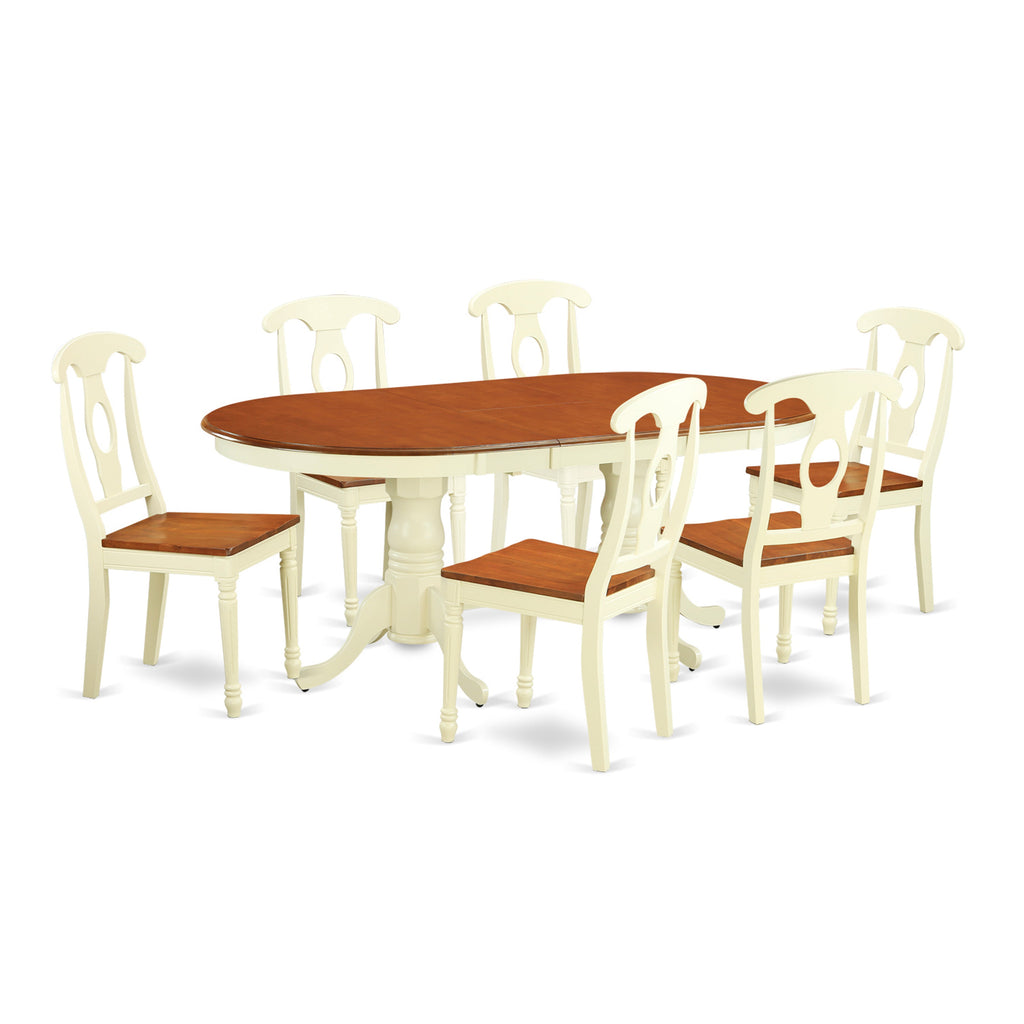East West Furniture PLKE7-WHI-W 7 Piece Modern Dining Table Set Consist of an Oval Wooden Table with Butterfly Leaf and 6 Dining Chairs, 42x78 Inch, Buttermilk & Cherry