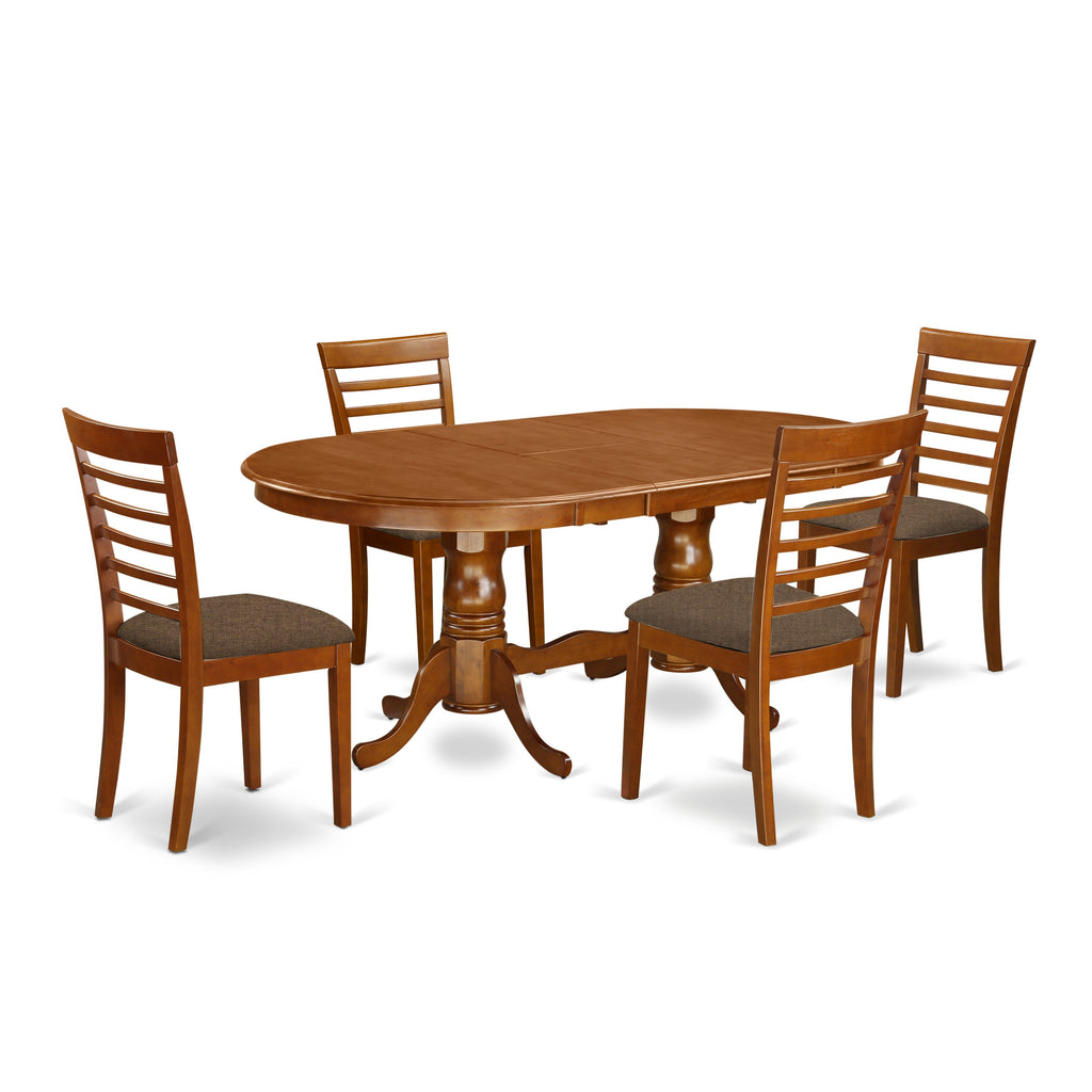 East West Furniture PLML5-SBR-C 5 Piece Dining Set Includes an Oval Dining Room Table with Butterfly Leaf and 4 Linen Fabric Upholstered Kitchen Chairs, 42x78 Inch, Saddle Brown