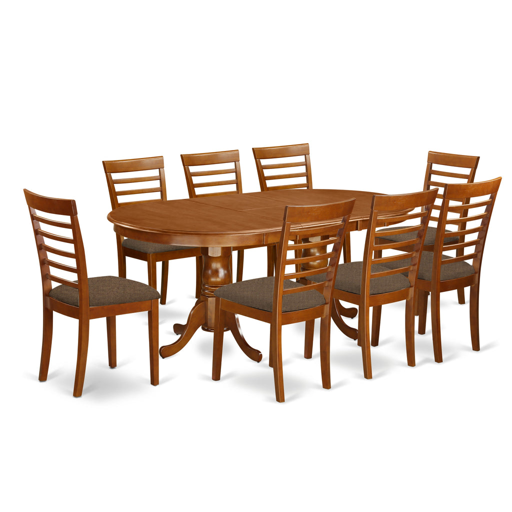 East West Furniture PLML9-SBR-C 9 Piece Kitchen Table Set Includes an Oval Dining Table with Butterfly Leaf and 8 Linen Fabric Dining Room Chairs, 42x78 Inch, Saddle Brown