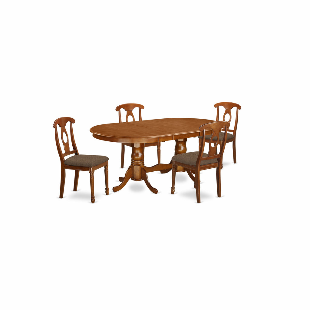 East West Furniture PLNA5-SBR-C 5 Piece Modern Dining Table Set Includes an Oval Wooden Table with Butterfly Leaf and 4 Linen Fabric Dining Room Chairs, 42x78 Inch, Saddle Brown