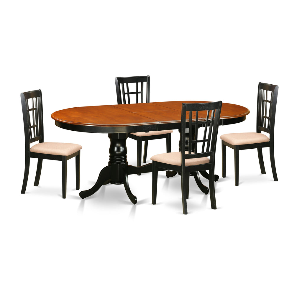 East West Furniture PLNI5-BCH-C 5 Piece Dining Table Set for 4 Includes an Oval Kitchen Table with Butterfly Leaf and 4 Linen Fabric Kitchen Dining Chairs, 42x78 Inch, Black & Cherry