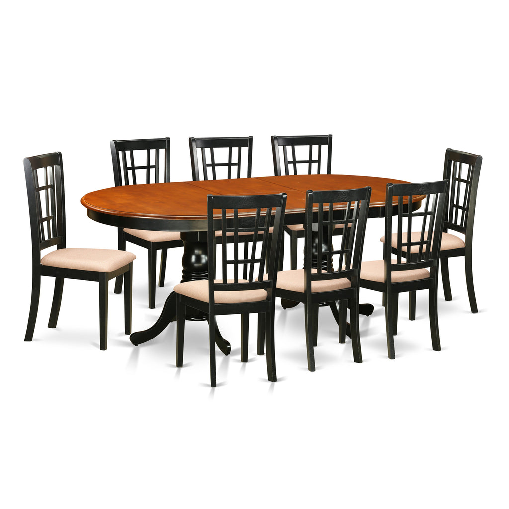 East West Furniture PLNI9-BCH-C 9 Piece Modern Dining Table Set Includes an Oval Wooden Table with Butterfly Leaf and 8 Linen Fabric Kitchen Dining Chairs, 42x78 Inch, Black & Cherry