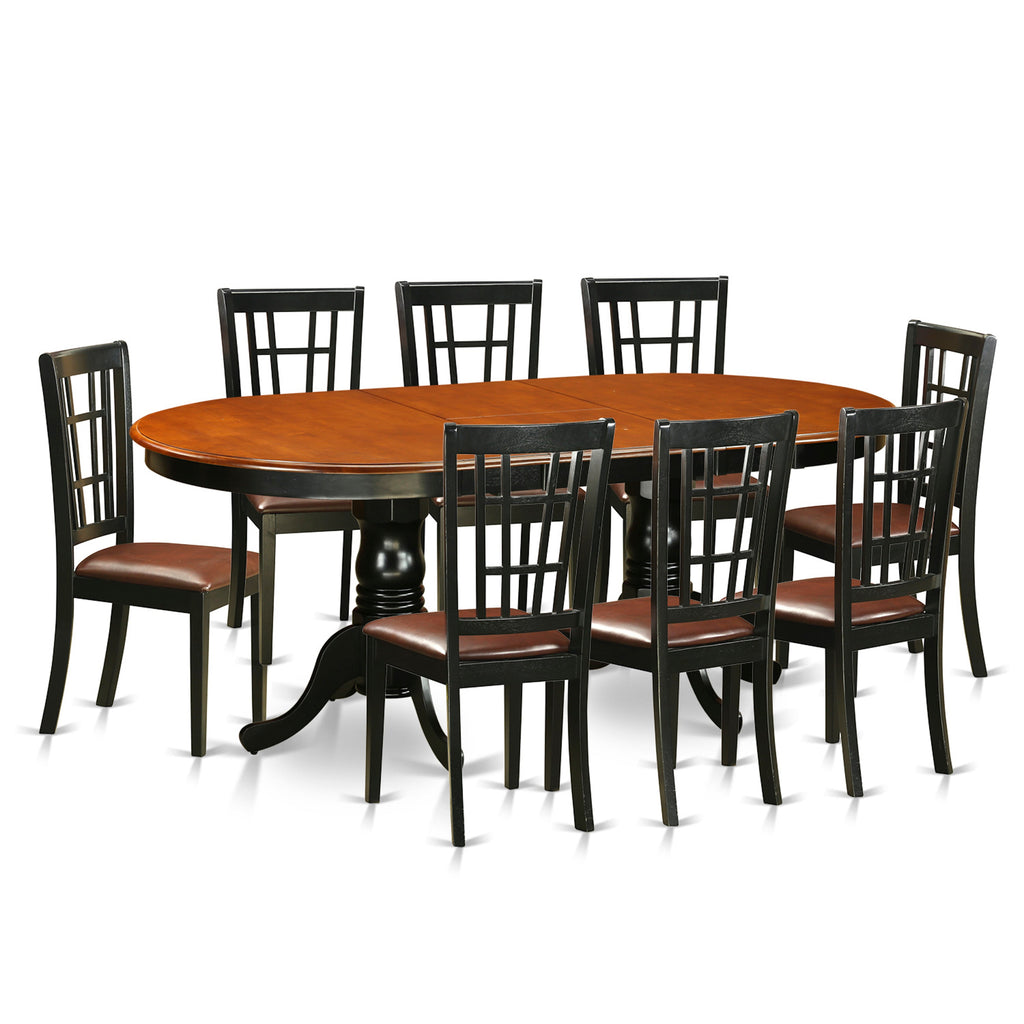 East West Furniture PLNI9-BCH-LC 9 Piece Dining Room Table Set Includes an Oval Wooden Table with Butterfly Leaf and 8 Faux Leather Kitchen Dining Chairs, 42x78 Inch, Black & Cherry