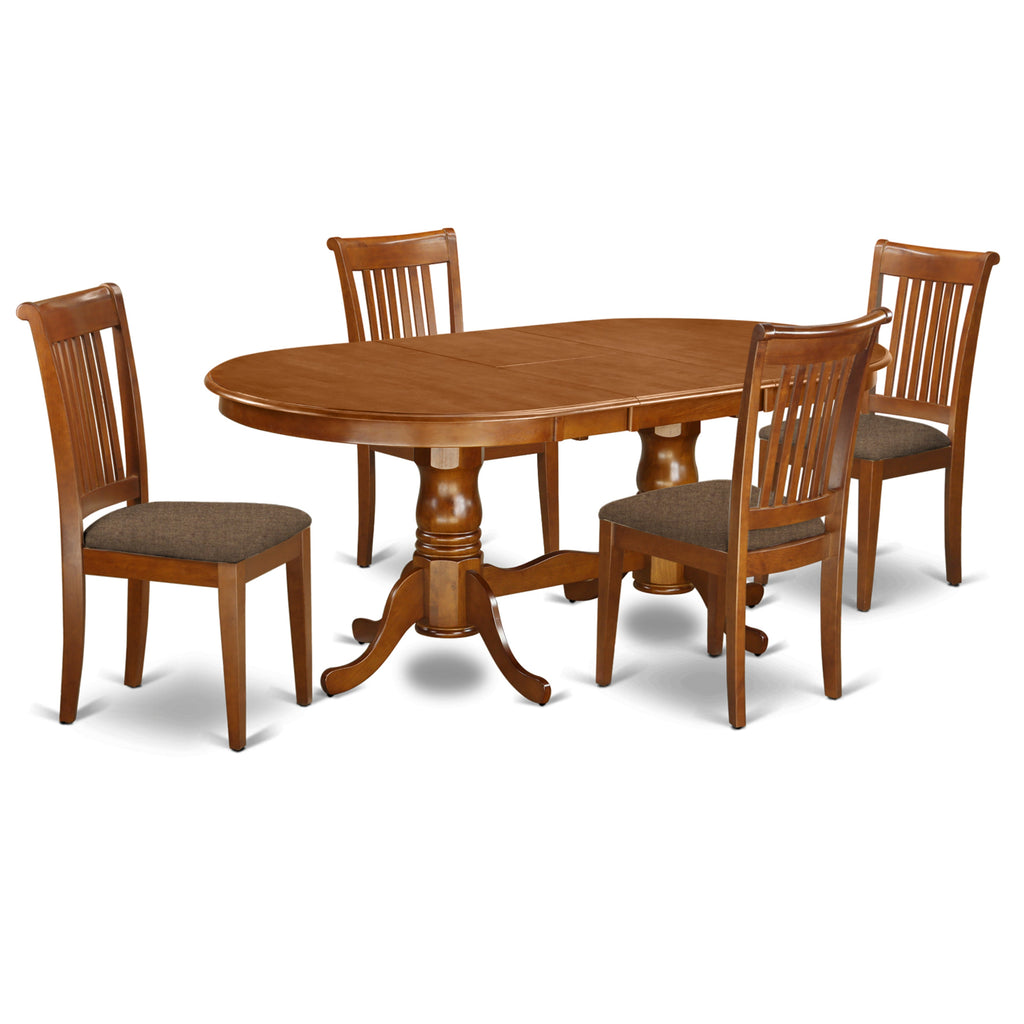 East West Furniture PLPO5-SBR-C 5 Piece Kitchen Table Set for 4 Includes an Oval Dining Room Table with Butterfly Leaf and 4 Linen Fabric Upholstered Chairs, 42x78 Inch, Saddle Brown