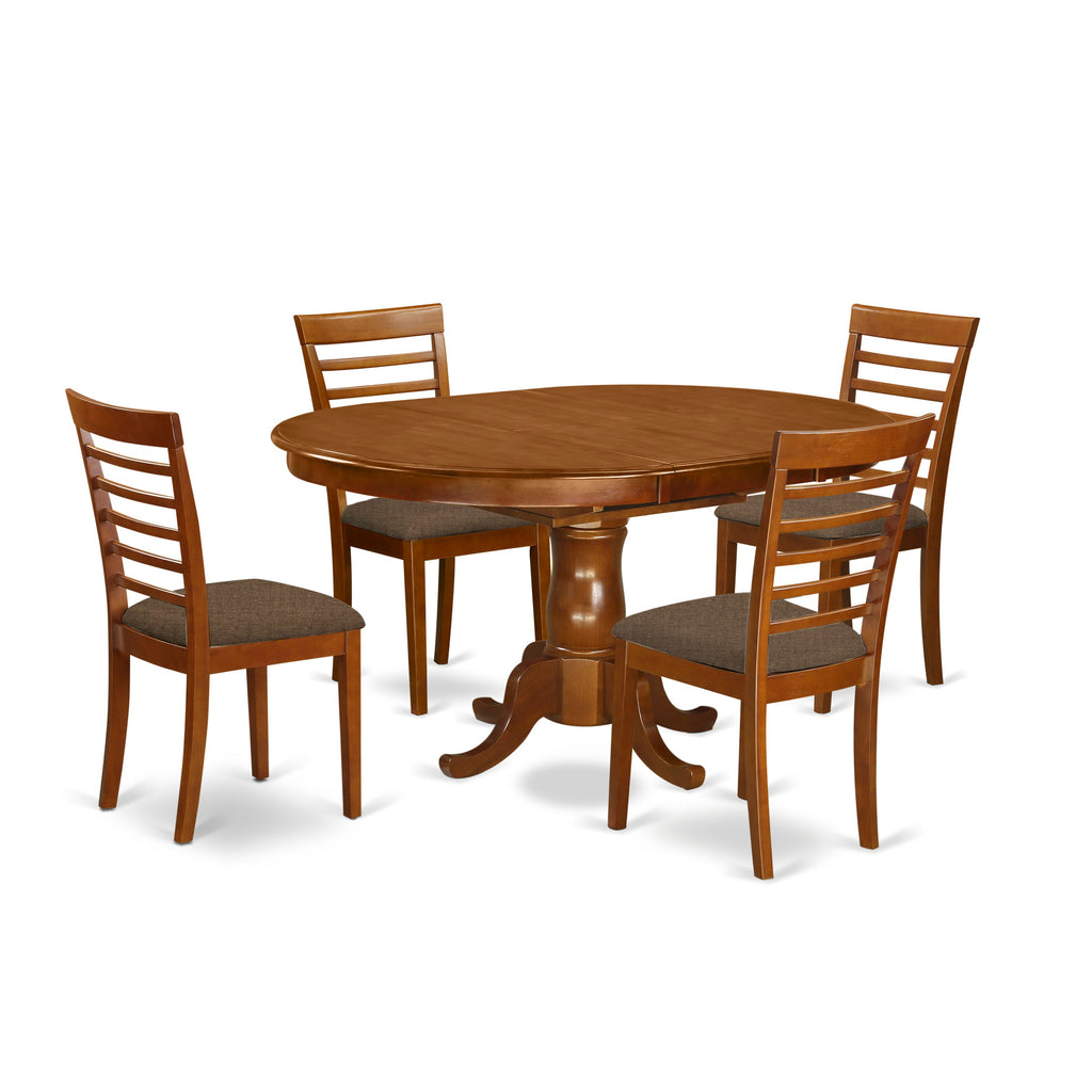East West Furniture POML5-SBR-C 5 Piece Dining Table Set for 4 Includes an Oval Kitchen Table with Butterfly Leaf and 4 Linen Fabric Dining Room Chairs, 42x60 Inch, Saddle Brown