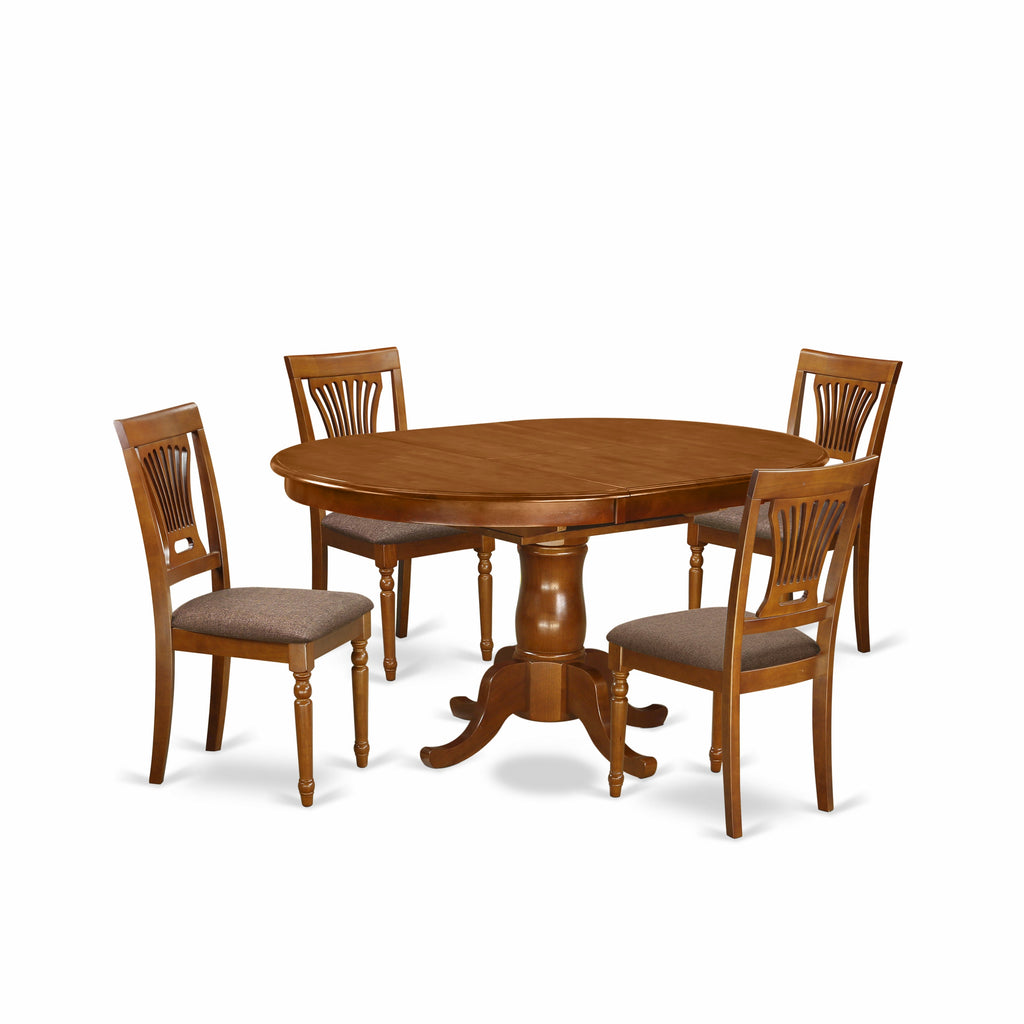 East West Furniture POPL5-SBR-C 5 Piece Dining Table Set for 4 Includes an Oval Kitchen Table with Butterfly Leaf and 4 Linen Fabric Dining Room Chairs, 42x60 Inch, Saddle Brown