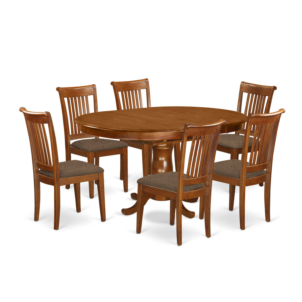 East West Furniture PORT7-SBR-C 7 Piece Dining Table Set Consist of an Oval Dining Room Table with Butterfly Leaf and 6 Linen Fabric Upholstered Chairs, 42x60 Inch, Saddle Brown