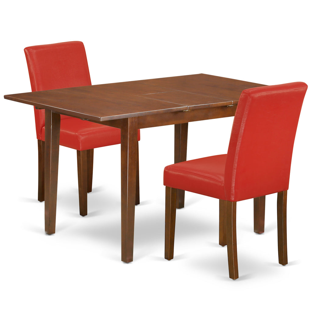 East West Furniture PSAB3-MAH-72 3 Piece Kitchen Table Set Contains a Rectangle Dining Room Table with Butterfly Leaf and 2 Firebrick Red Faux Leather Parson Chairs, 32x60 Inch, Mahogany