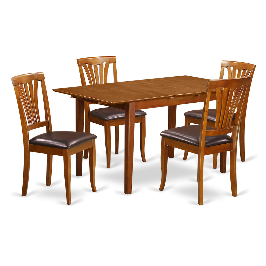 East West Furniture PSAV5-SBR-LC 5 Piece Kitchen Table Set for 4 Includes a Rectangle Dining Table with Butterfly Leaf and 4 Faux Leather Dining Room Chairs, 32x60 Inch, Saddle Brown