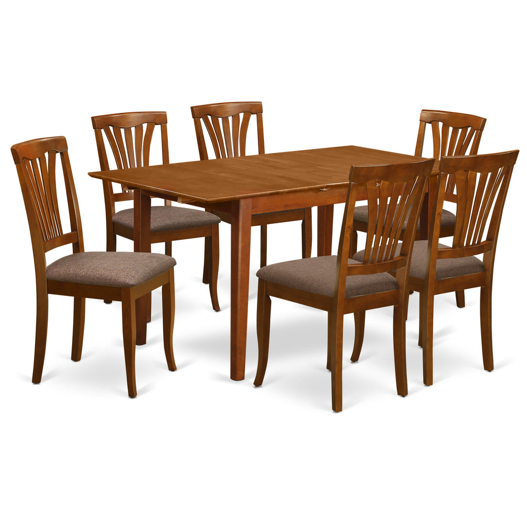 East West Furniture PSAV7-SBR-C 7 Piece Modern Dining Table Set Consist of a Rectangle Wooden Table with Butterfly Leaf and 6 Linen Fabric Upholstered Chairs, 32x60 Inch, Saddle Brown