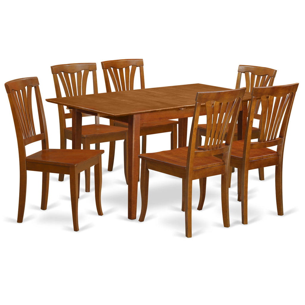 East West Furniture PSAV7-SBR-W 7 Piece Dining Table Set Consist of a Rectangle Dining Room Table with Butterfly Leaf and 6 Wood Seat Chairs, 32x60 Inch, Saddle Brown