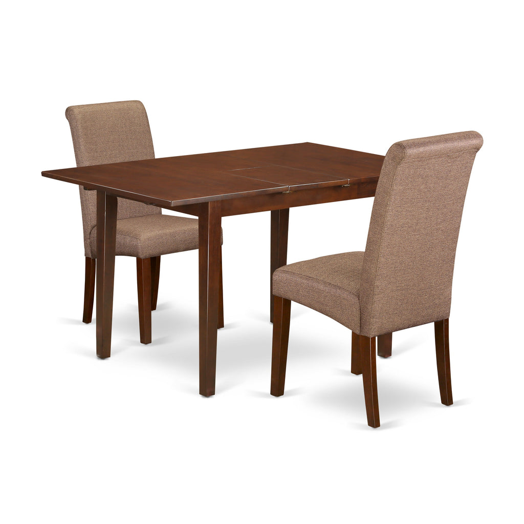 East West Furniture PSBA3-MAH-18 3 Piece Kitchen Table & Chairs Set Contains a Rectangle Butterfly Leaf Dining Table and 2 Brown Linen Linen Fabric Parson Chairs, 32x60 Inch, Mahogany