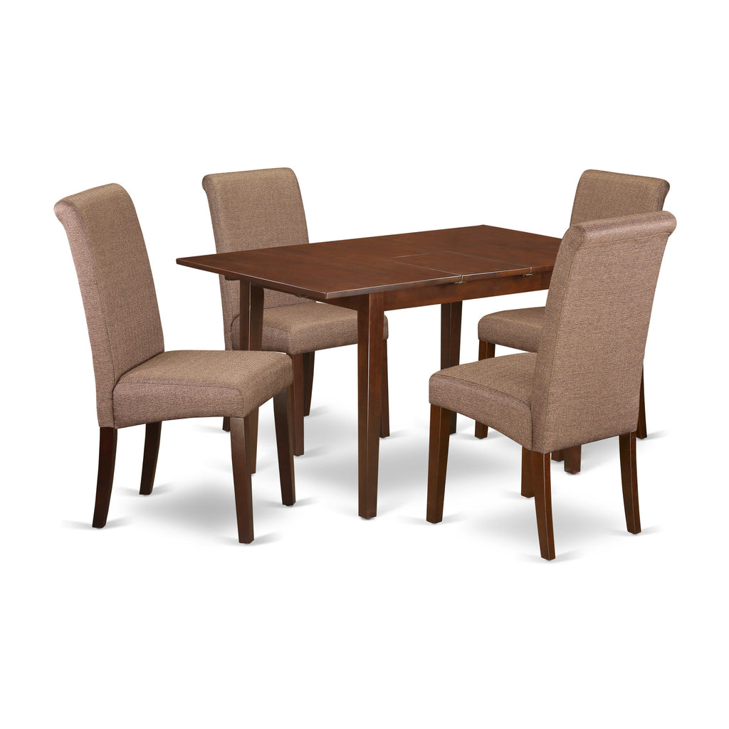 East West Furniture PSBA5-MAH-18 5 Piece Dining Set Includes a Rectangle Dining Room Table with Butterfly Leaf and 4 Brown Linen Linen Fabric Upholstered Chairs, 32x60 Inch, Mahogany