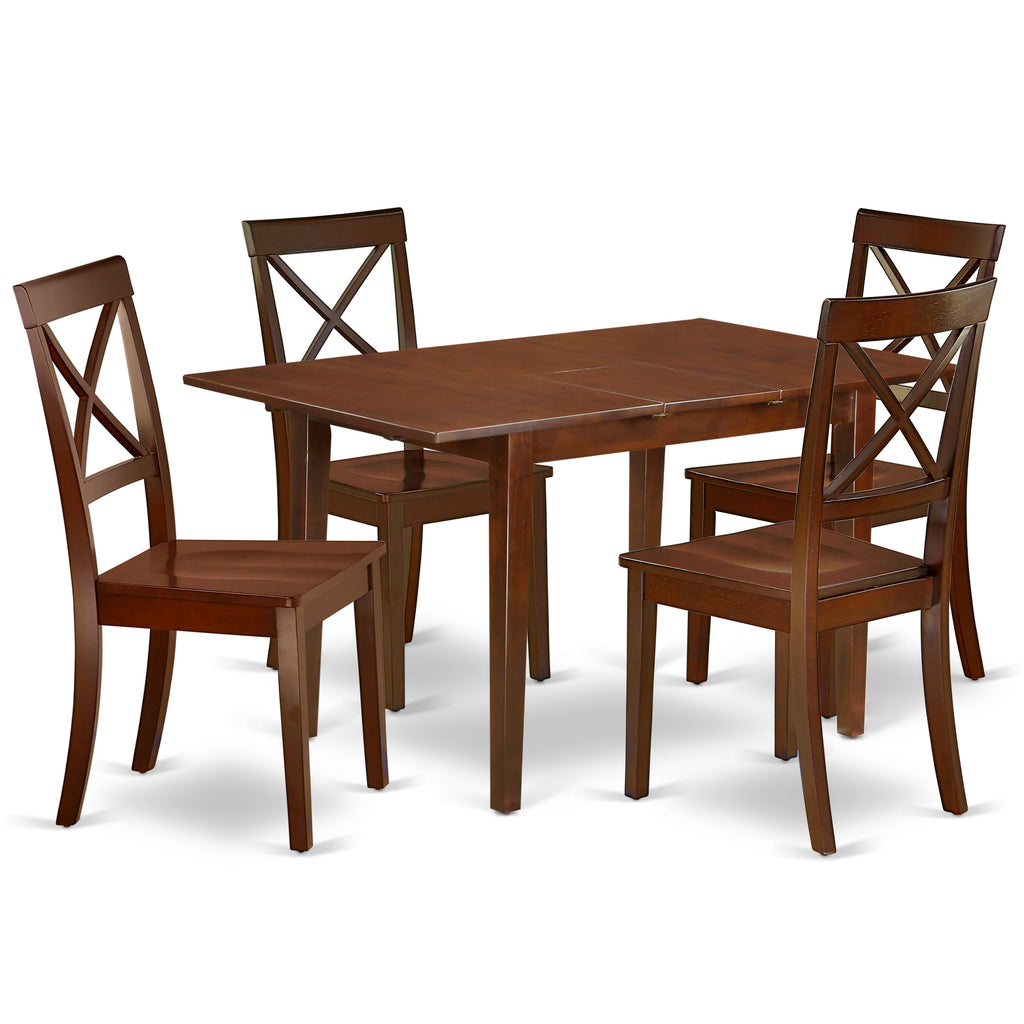 East West Furniture PSBO5-MAH-W 5 Piece Dinette Set for 4 Includes a Rectangle Dining Table with Butterfly Leaf and 4 Dining Room Chairs, 32x60 Inch, Mahogany