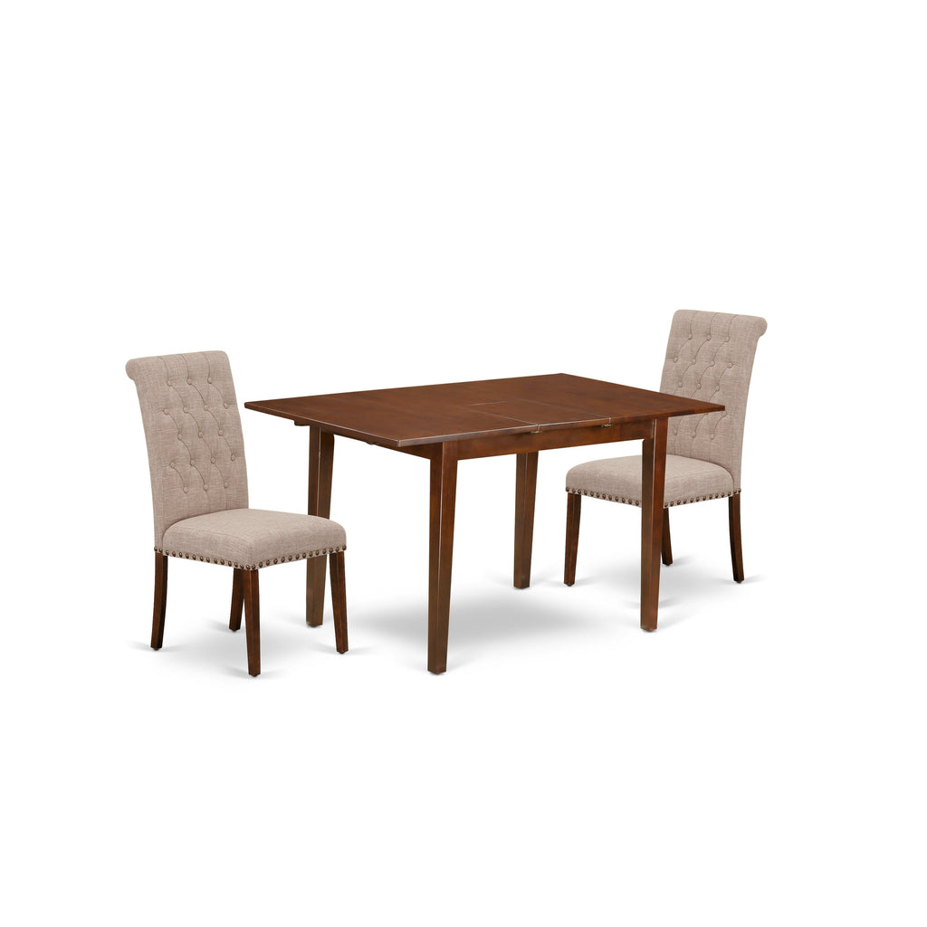 East West Furniture PSBR3-MAH-04 3 Piece Kitchen Table & Chairs Set Contains a Rectangle Dining Table with Butterfly Leaf and 2 Light Tan Linen Fabric Parson Chairs, 32x60 Inch, Mahogany