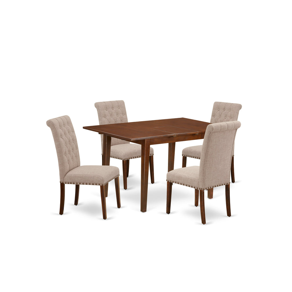 East West Furniture PSBR5-MAH-04 5 Piece Kitchen Table Set for 4 Includes a Rectangle Butterfly Leaf Dining Table and 4 Light Tan Linen Fabric Upholstered Chairs, 32x60 Inch, Mahogany