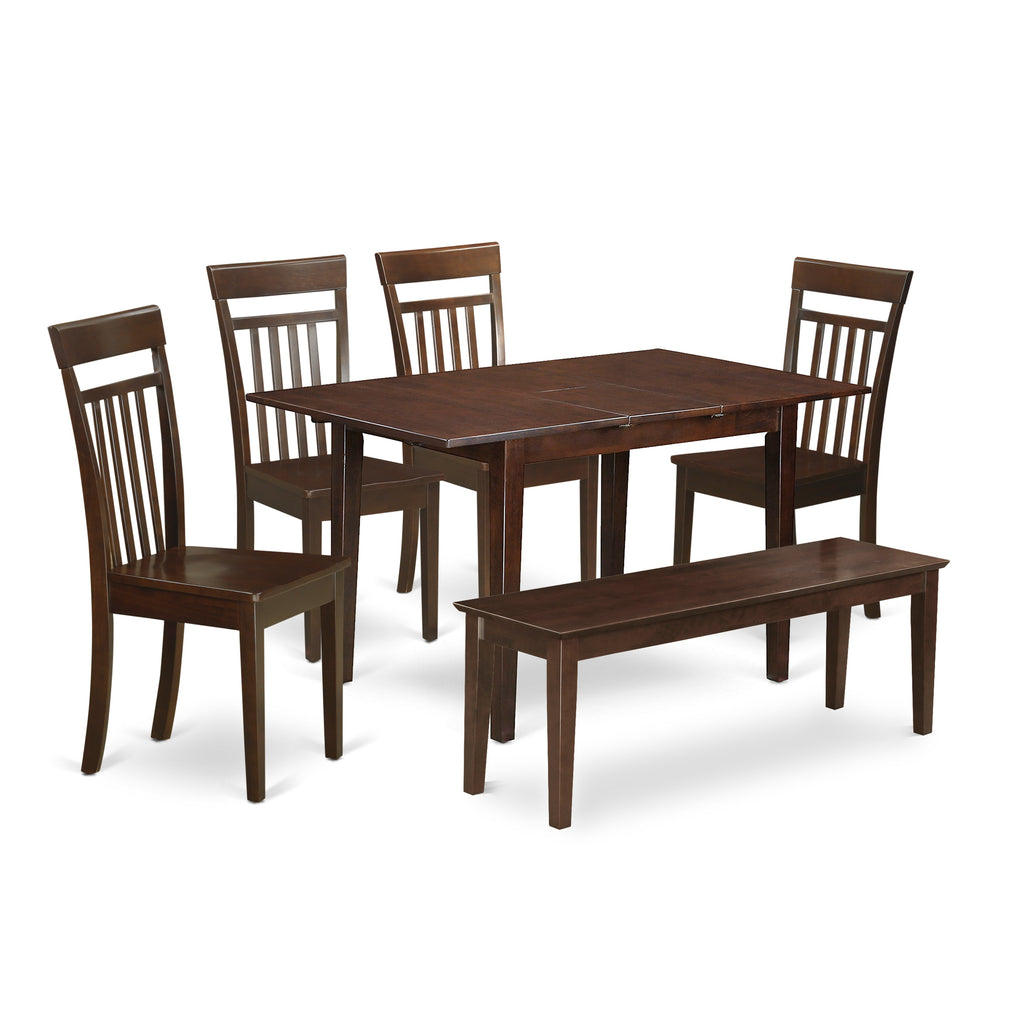 East West Furniture PSCA6-MAH-W 6 Piece Dining Set Contains a Rectangle Dining Room Table with Butterfly Leaf and 4 Kitchen Chairs with a Bench, 32x60 Inch, Mahogany
