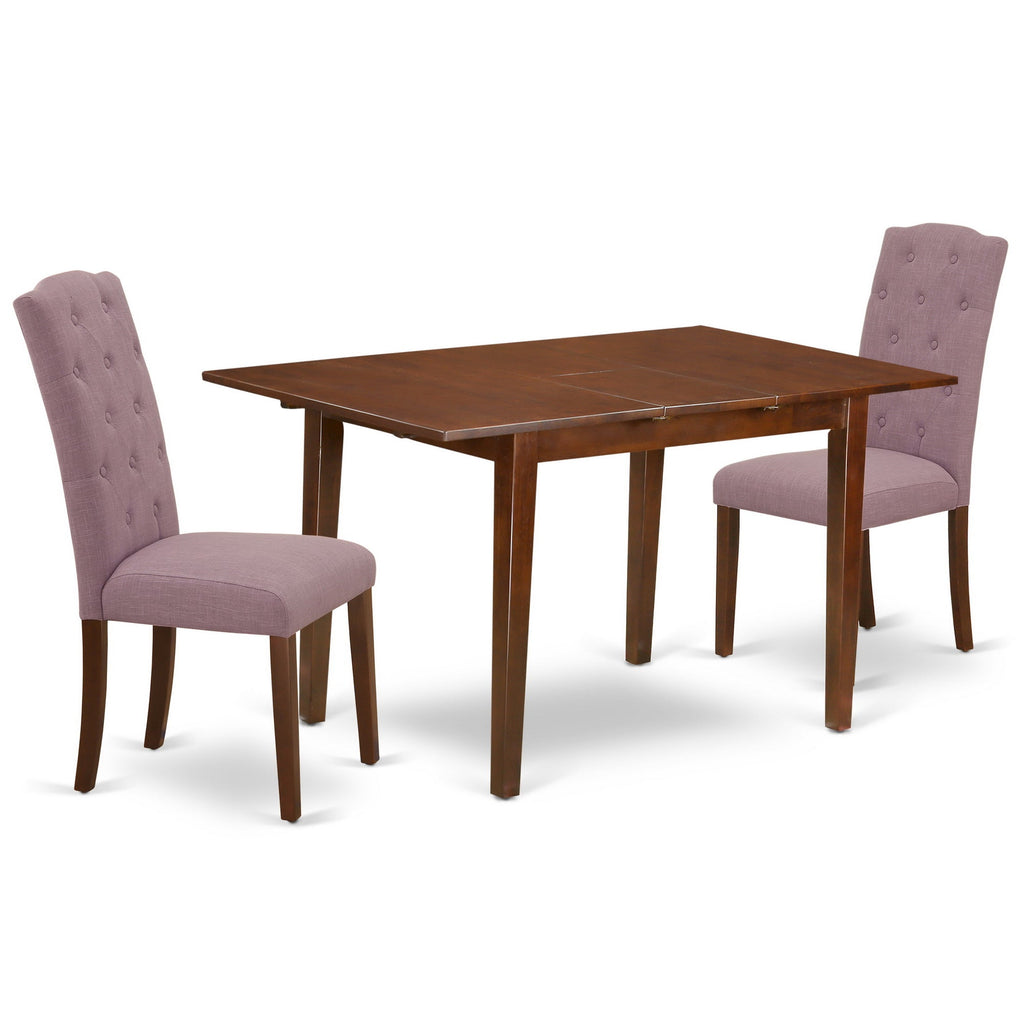East West Furniture PSCE3-MAH-10 3 Piece Dining Room Table Set Contains a Rectangle Kitchen Table with Butterfly Leaf and 2 Dahlia Linen Fabric Parson Dining Chairs, 32x60 Inch, Mahogany