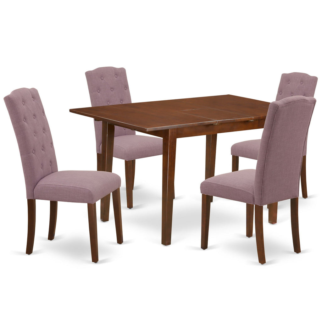 East West Furniture PSCE5-MAH-10 5 Piece Kitchen Table Set Includes a Rectangle Dining Room Table with Butterfly Leaf and 4 Dahlia Linen Fabric Upholstered Chairs, 32x60 Inch, Mahogany