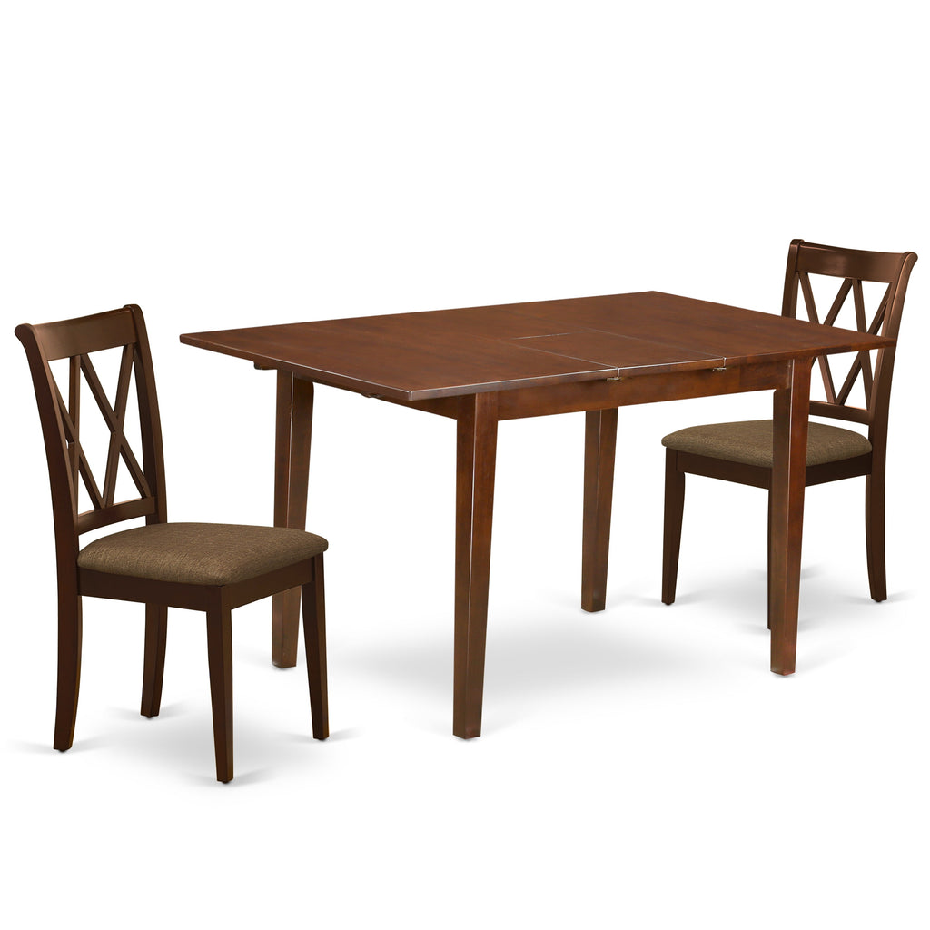 East West Furniture PSCL3-MAH-C 3 Piece Modern Dining Table Set Contains a Rectangle Wooden Table with Butterfly Leaf and 2 Linen Fabric Upholstered Chairs, 32x60 Inch, Mahogany