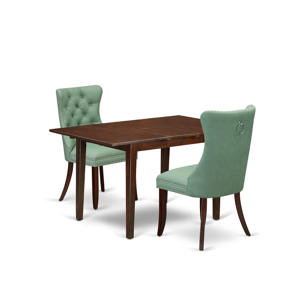 East West Furniture PSDA3-MAH-22 3 Piece Kitchen Table Set Includes a Rectangle Dining Table with Butterfly Leaf and 2 Upholstered Chairs, 32x60 Inch, Mahogany