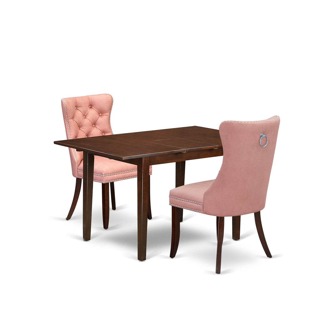 East West Furniture PSDA3-MAH-23 3 Piece Dining Table Set Consists of a Rectangle Kitchen Table with Butterfly Leaf and 2 Parson Chairs, 32x60 Inch, Mahogany