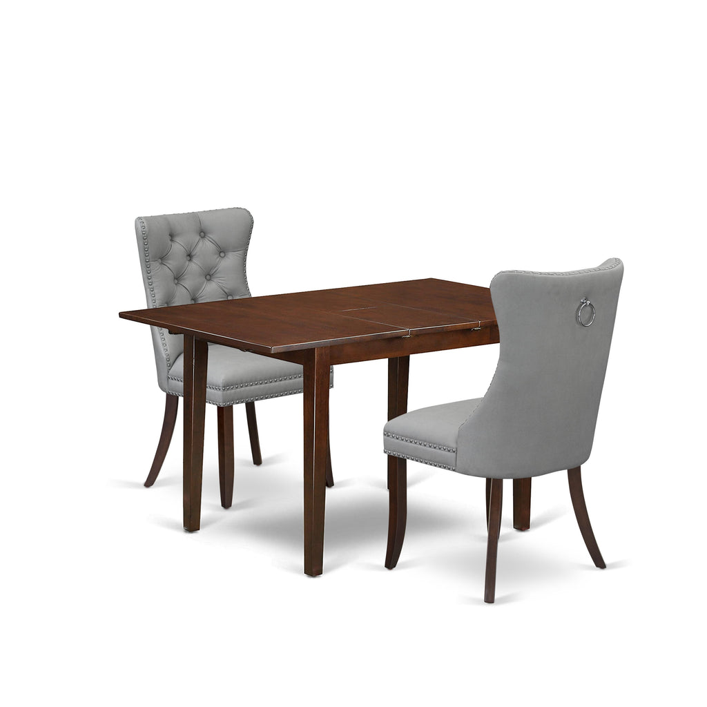 East West Furniture PSDA3-MAH-27 3 Piece Dining Set Includes a Rectangle Kitchen Table with Butterfly Leaf and 2 Upholstered Chairs, 32x60 Inch, Mahogany