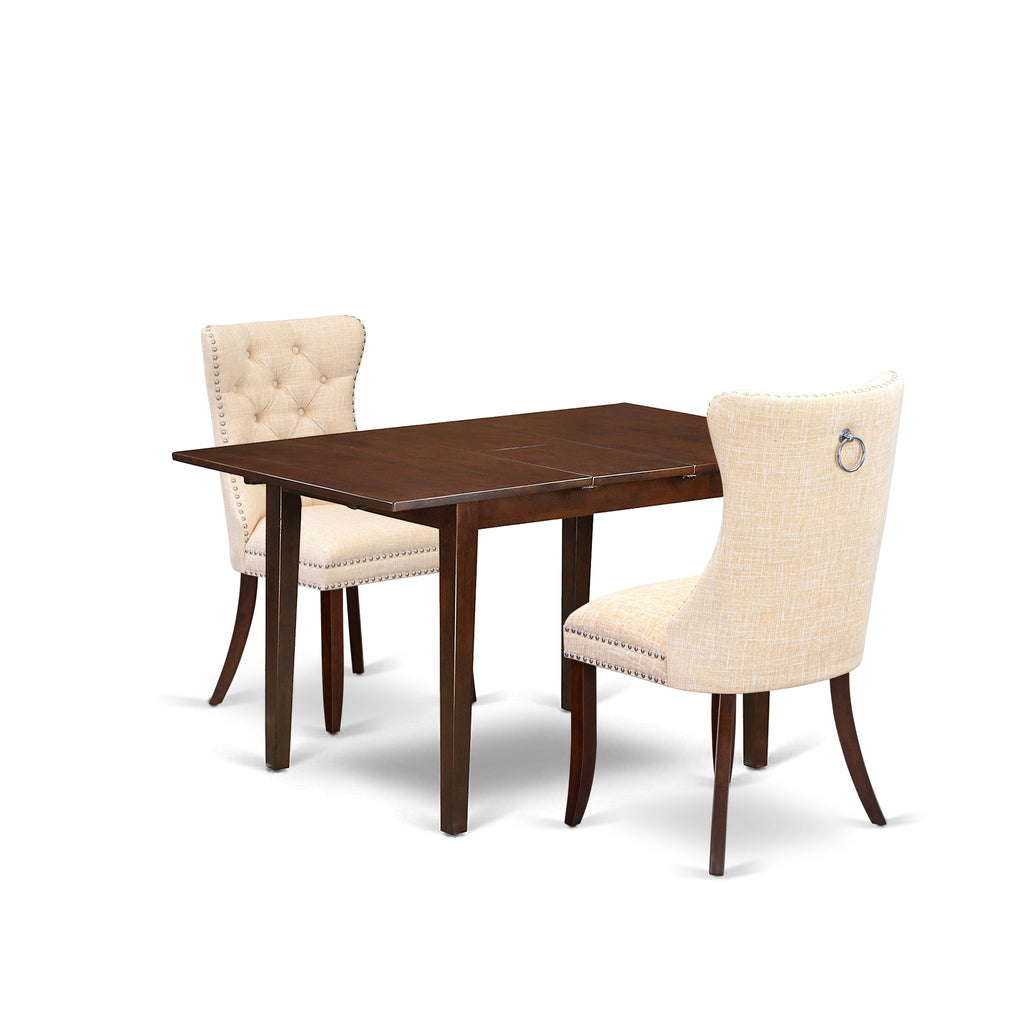East West Furniture PSDA3-MAH-32 3 Piece Kitchen Set Consists of a Rectangle Dining Table with Butterfly Leaf and 2 Upholstered Chairs, 32x60 Inch, Mahogany