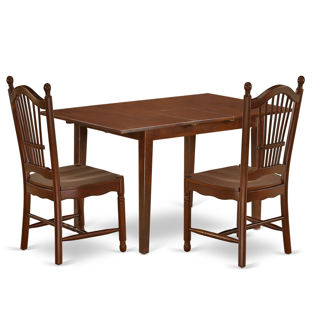 East West Furniture PSDO3-MAH-W 3 Piece Kitchen Table Set for Small Spaces Contains a Rectangle Dining Room Table with Butterfly Leaf and 2 Solid Wood Seat Chairs, 32x60 Inch, Mahogany