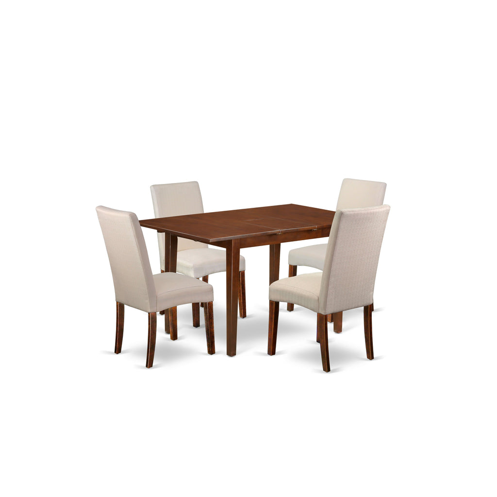East West Furniture PSDR5-MAH-01 5 Piece Dining Room Table Set Includes a Rectangle Kitchen Table with Butterfly Leaf and 4 Cream Linen Fabric Parson Dining Chairs, 32x60 Inch, Mahogany